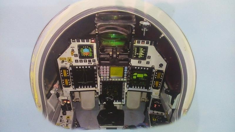 Tejas cockpit simulator showing the head-up display and three multi-function displays