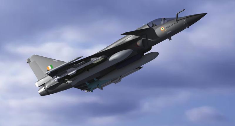 Computer render of the Tejas Mk2, with canards, climbing through cloud