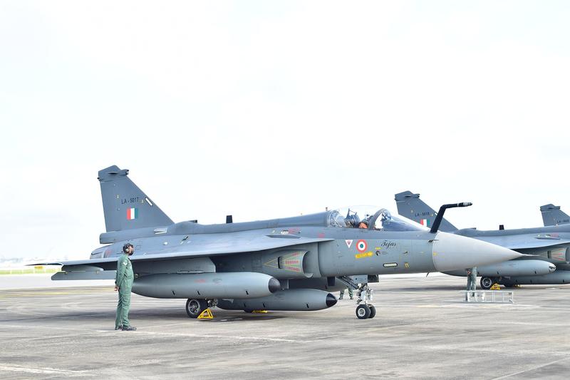 Indian Air Force Tejas parked on the apron at the Singapore Airshow