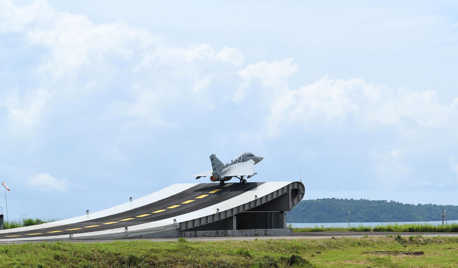 Naval Tejas prototype NP-2 launching from the ski-jump at the shore-based test facility in Goa
