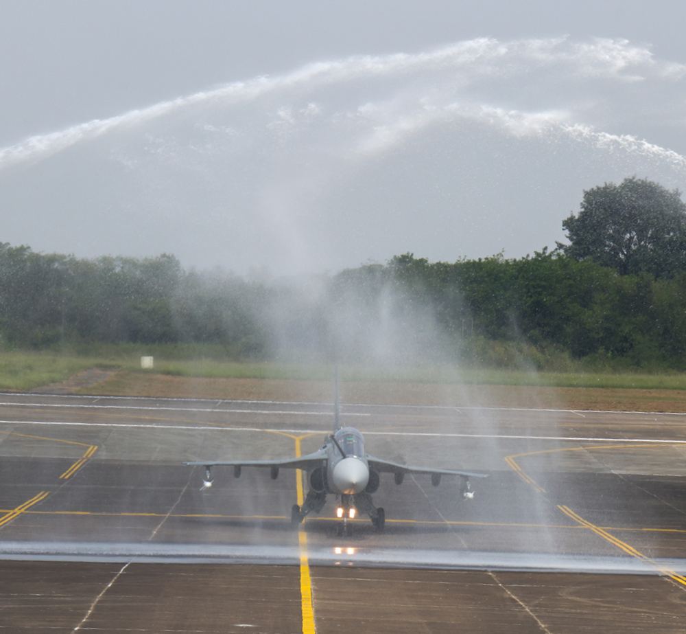 Water-cannon salute for the first Nashik-built Tejas Mk1A
